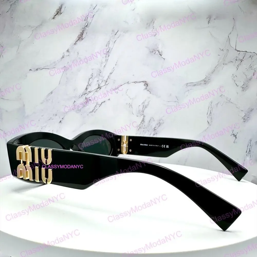 New MIU MIU Sunglasses Black Oval Acetate Gold Metal Logo Authentic Womens